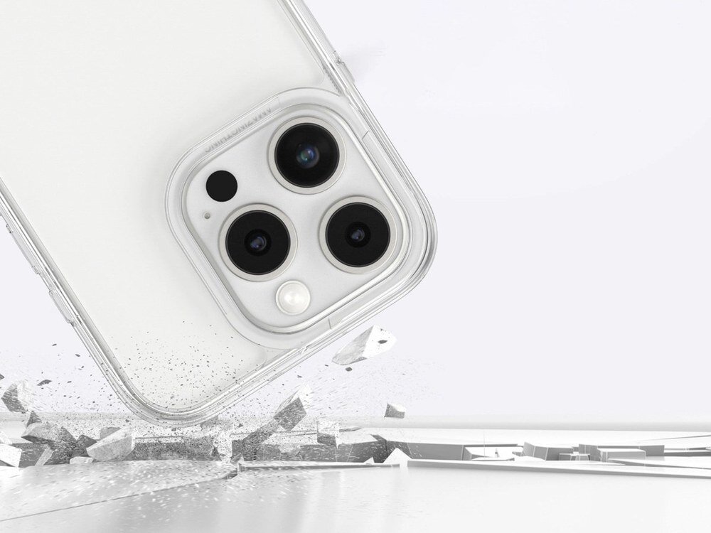 iPhone 16 Pro w przezroczystym etui AmazingThing uderzający o podłoże z rozbitymi fragmentami wokół, ilustracja odporności na upadki.