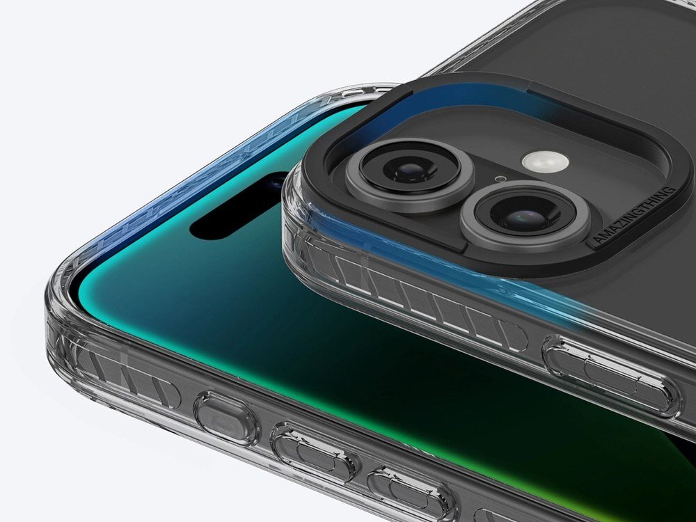 Przezroczyste etui AmazingThing Titan Pro na iPhone 16 sfotografowane z narożnika, widoczny moduł aparatu z podwójnym obiektywem i wzmocnione krawędzie.