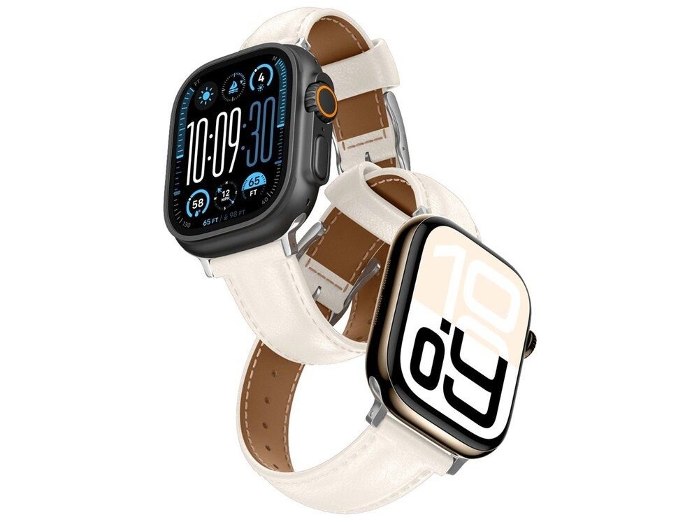 Dwa smartwatche Apple Watch z jasnobeżowym skórzanym paskiem AmazingThing Class Band, widok z góry na białym tle.