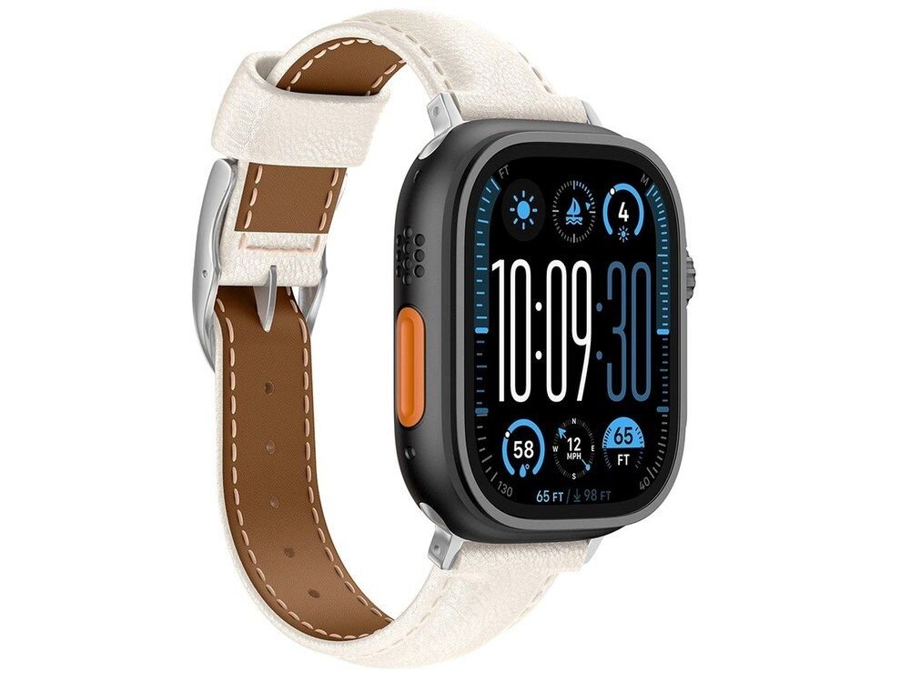 Zbliżenie na tylną stronę jasnobeżowego paska AmazingThing do Apple Watch z widoczną fakturą skóry top-grain.