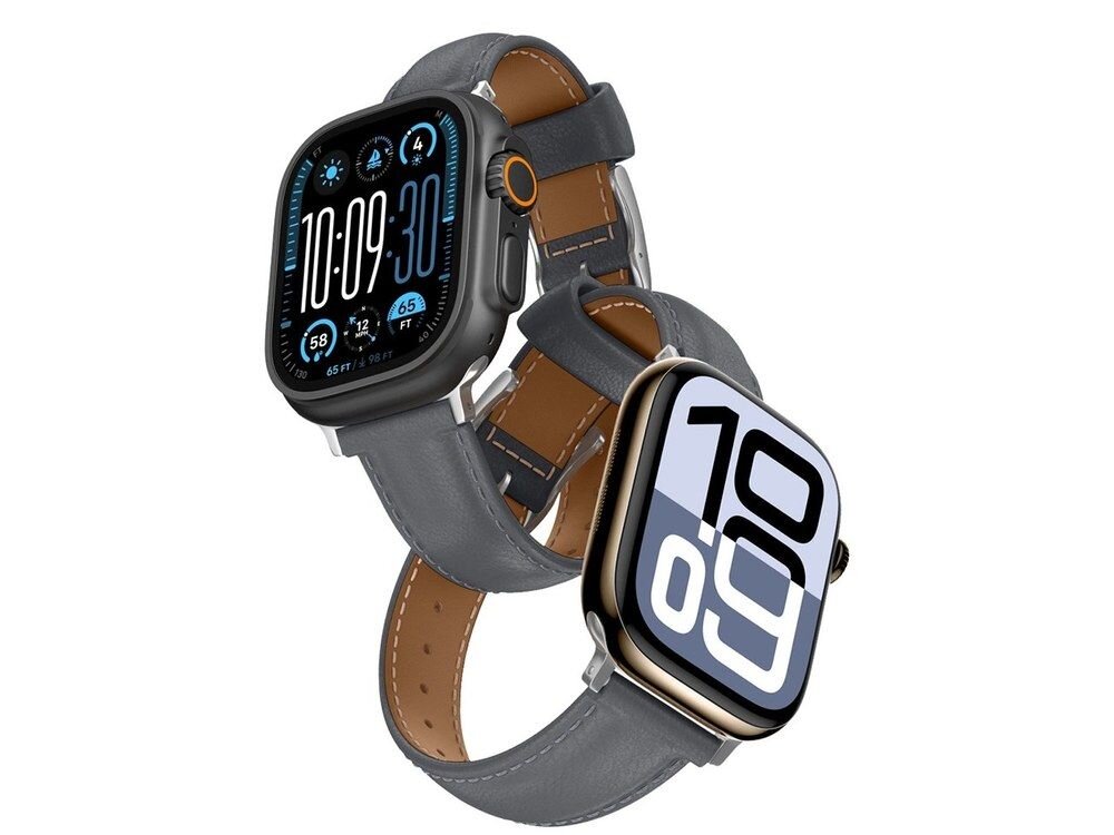 Dwa smartwatche Apple Watch z szarym skórzanym paskiem AmazingThing Class Band, widoczne różne tarcze zegarków na białym tle.