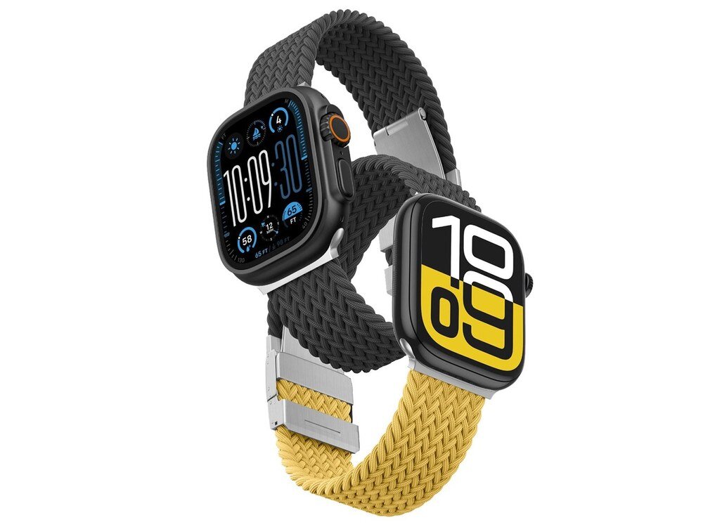 Dwa Apple Watche z paskami AmazingThing Blend Band – jeden w kolorze czarnym, drugi w zestawieniu żółto-czarnym, widok z przodu na białym tle.