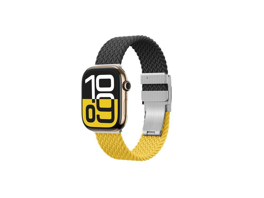 Apple Watch z dwukolorowym paskiem AmazingThing Blend Band w kolorach żółtym i czarnym, widok z boku, srebrna klamra zapięta, białe tło.