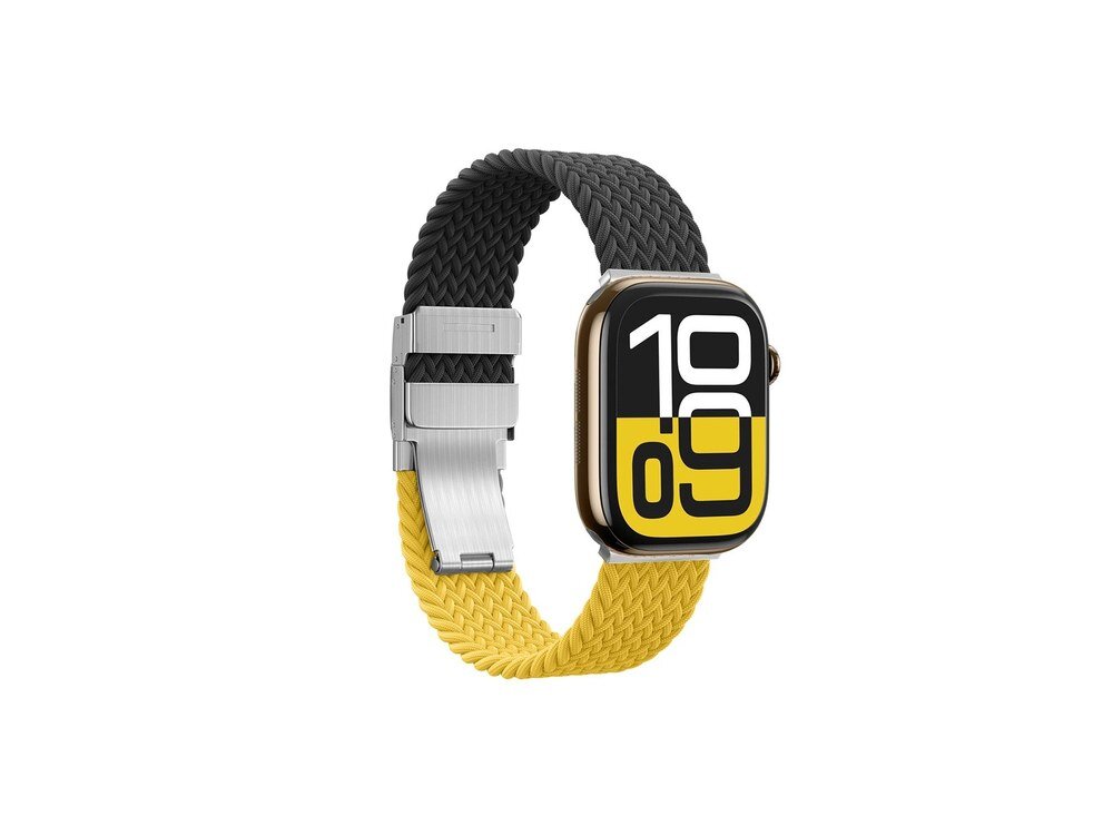 Apple Watch w złotej kopercie z paskiem AmazingThing Blend Band w kolorze czarno-żółtym, srebrna klamra po lewej stronie, widok z boku na białym tle.