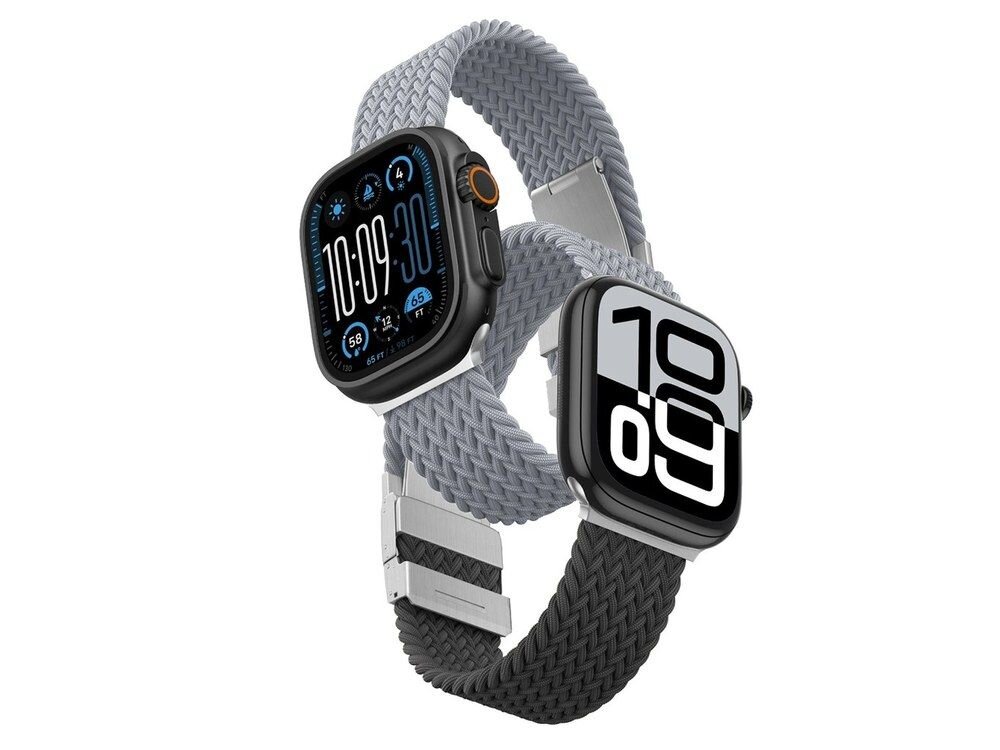 Dwa Apple Watch z plecionymi paskami AmazingThing Blend Band w kolorach szarym i czarnym na białym tle, ujęcie z góry.