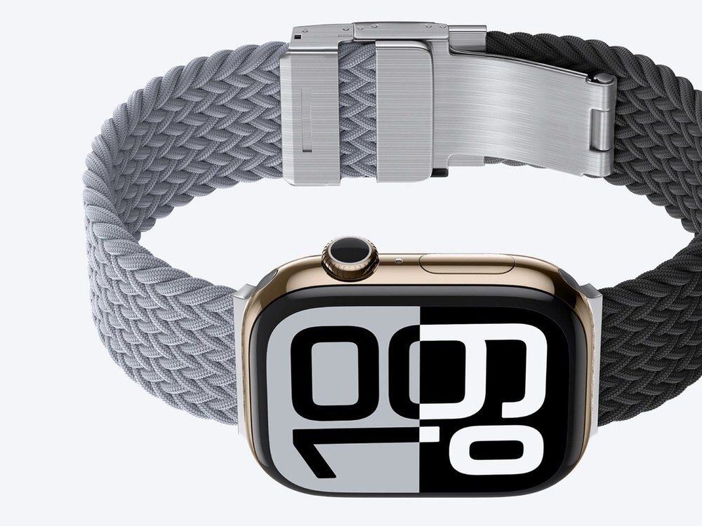 Apple Watch z paskiem AmazingThing Blend Band w kolorach szarym i czarnym, widok z tyłu z metalową klamrą i plecioną strukturą paska.