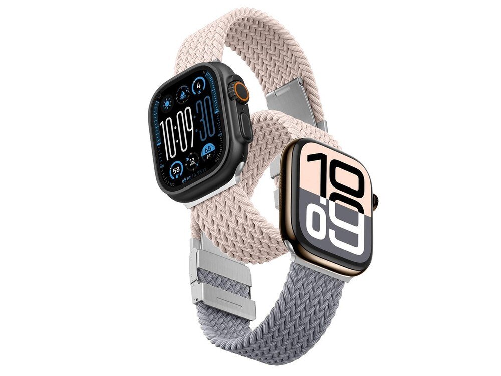 Dwa zegarki Apple Watch z paskami AmazingThing Blend Band — jeden różowy, drugi szary, widok z przodu na białym tle.