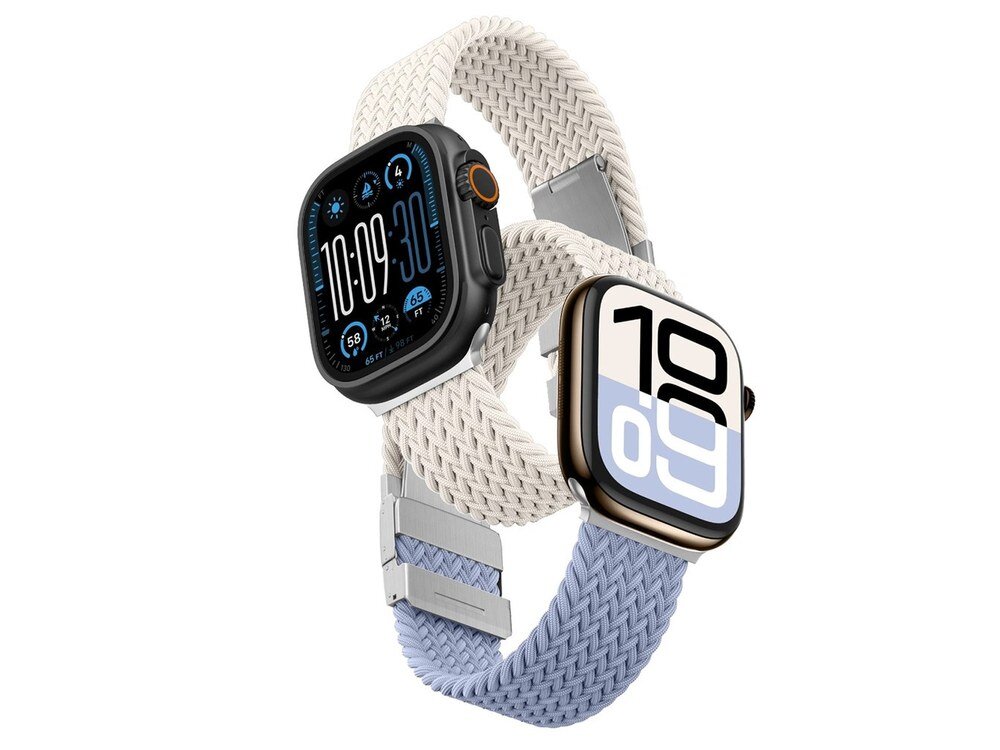Dwa zegarki Apple Watch z plecionymi paskami w kolorach kremowo-niebieskim i niebieskim. Na tarczach zegarków widoczne są cyfry i ikony aplikacji.
