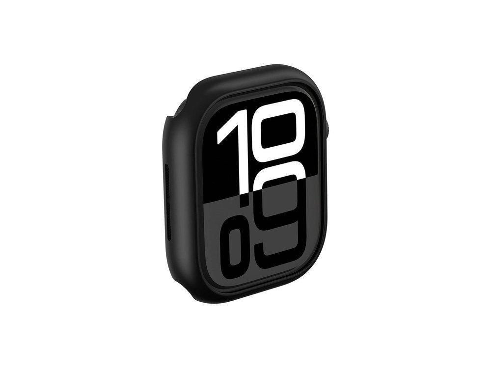 Czarne etui AmazingThing nałożone na Apple Watch, widok frontu zegarka z tarczą wyświetlającą godzinę, ujęcie z lekko bocznej perspektywy.