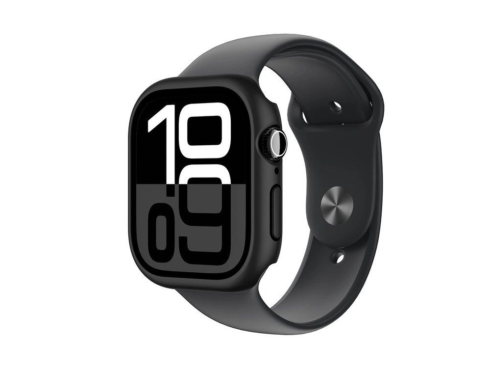 Apple Watch z założonym czarnym etui AmazingThing, widok z przodu pod skosem, z szarym paskiem sportowym na białym tle.
