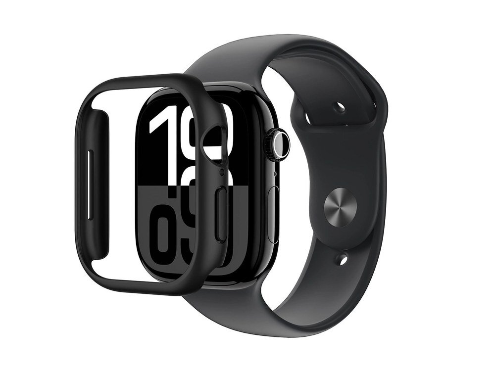 Czarne etui AmazingThing odsunięte od Apple Watch, widok z boku pokazujący otwory na przyciski i koronkę cyfrową, białe tło.