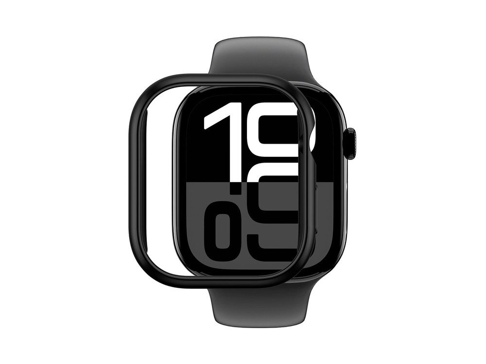 Czarne etui AmazingThing Minimal Case nałożone na Apple Watch, widok frontalny z wyraźną ramką etui wokół ekranu, białe tło.