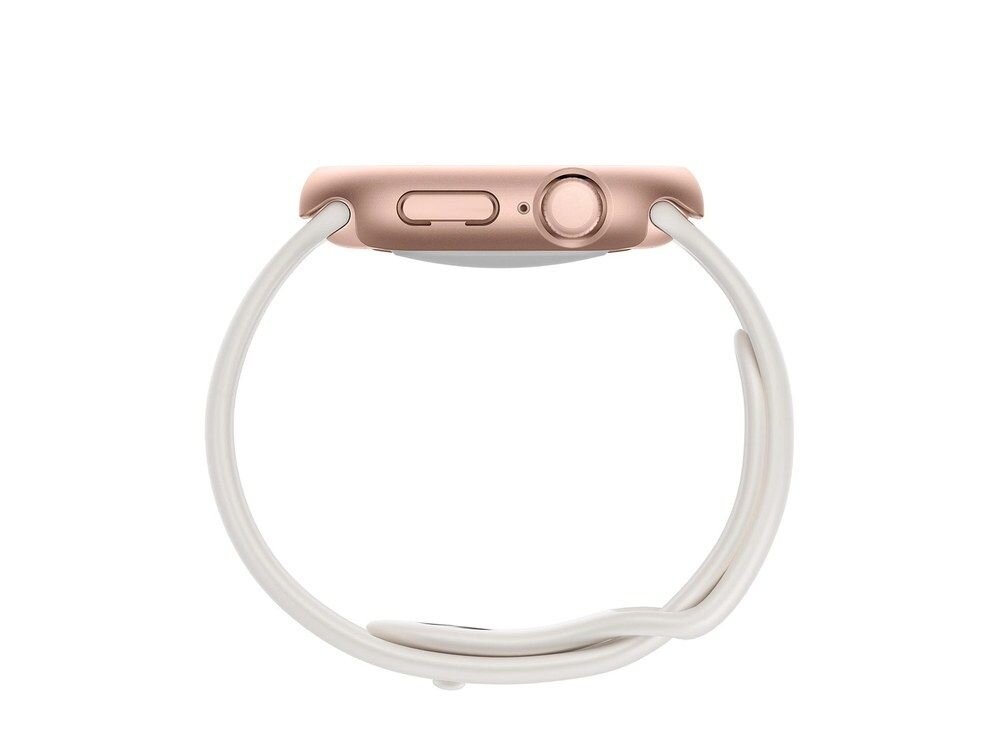Apple Watch w etui AmazingThing widoczny z boku, różowozłota obudowa z widocznymi przyciskami Digital Crown i bocznym przyciskiem, biały pasek, białe tło.