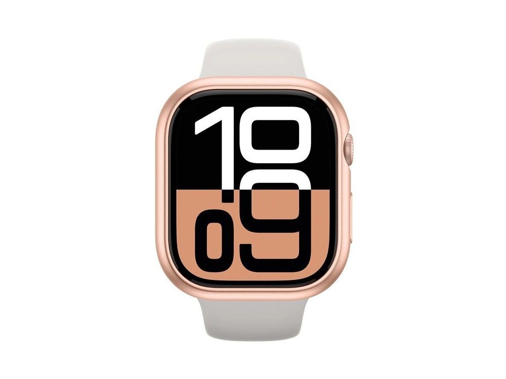 Apple Watch z założonym różowozłotym etui AmazingThing widziany od frontu, wyraźna ramka ochronna wokół ekranu z tarczą zegara, biały pasek, białe tło.