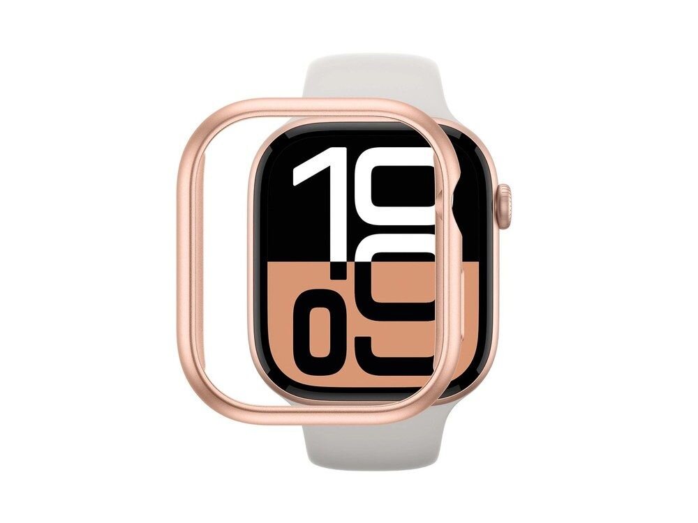 Apple Watch z założonym etui AmazingThing w kolorze różowego złota widziany lekko z góry, widoczna ramka otaczająca ekran i biały pasek sportowy, białe tło.