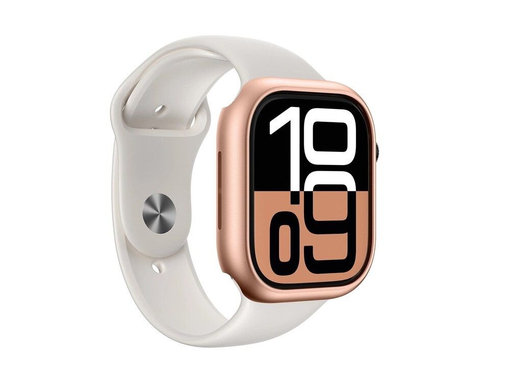 Apple Watch z etui AmazingThing Minimal Case w różowym złocie widziany pod kątem z prawej strony, biały pasek sportowy, widoczna boczna krawędź obudowy, białe tło.