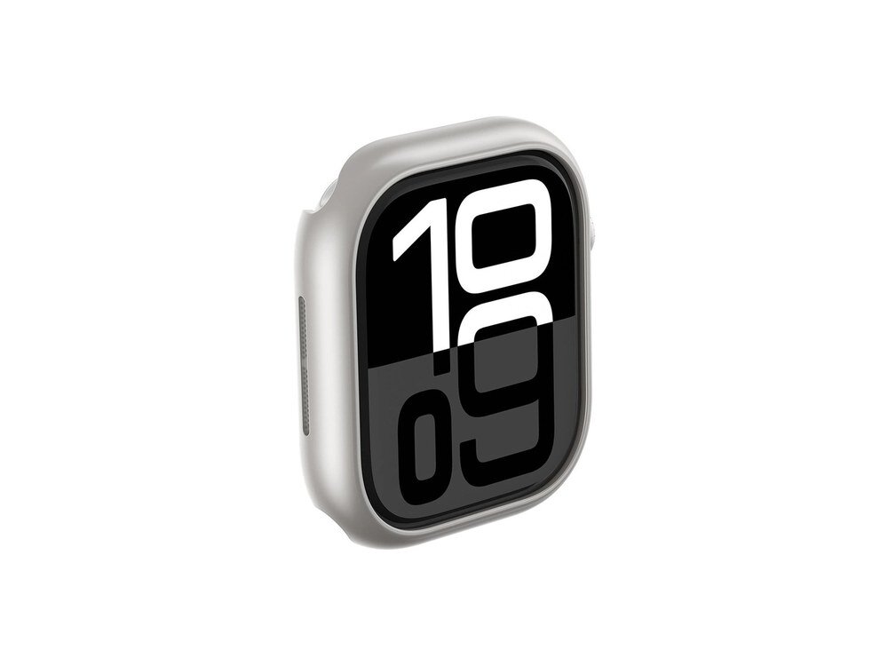 Srebrne etui AmazingThing na Apple Watch 46mm widziane z przodu pod skosem, z wyraźnie widoczną obudową obejmującą boki zegarka.
