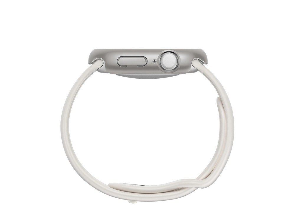 Apple Watch 46mm z kremowym paskiem widziany z boku, z widocznymi przyciskami Digital Crown i Action Button na białym tle.