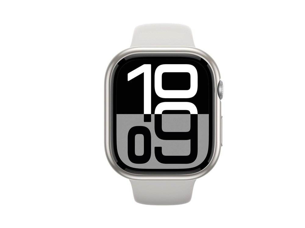 Apple Watch 46mm w kolorze kremowym widziany od frontu z tarczą zegarka wyświetlającą godzinę, na białym tle.