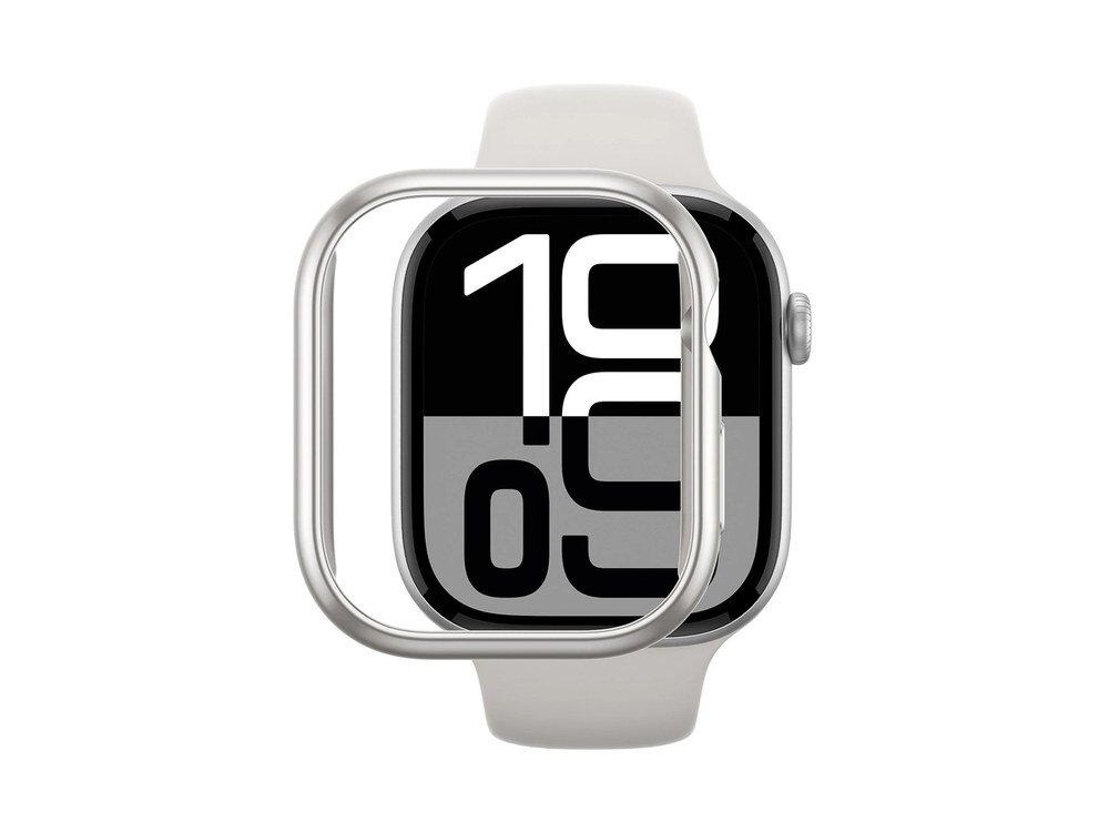 Apple Watch 46mm ze srebrnym etui AmazingThing widziany od frontu, srebrna ramka obudowy wyraźnie widoczna wokół ekranu na białym tle.