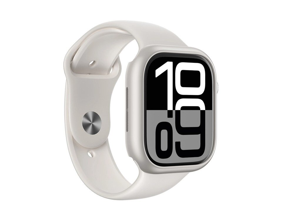 Apple Watch 46mm z kremowym paskiem i srebrnym etui AmazingThing widziany z perspektywy trzech czwartych na białym tle.