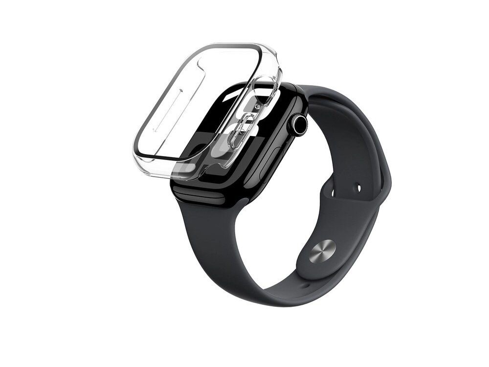 Przezroczyste etui AmazingThing Radix Glass na Apple Watch z czarnym paskiem silikonowym, widok z boku pod kątem na białym tle.