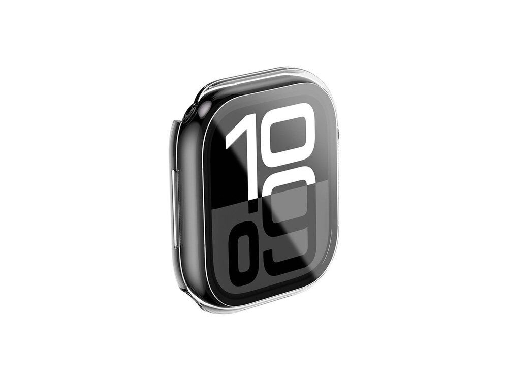 Przezroczyste etui AmazingThing Radix Glass na Apple Watch widziane od frontu z wyraźnie widocznym ekranem z cyframi godziny, ujęcie pod kątem na białym tle.