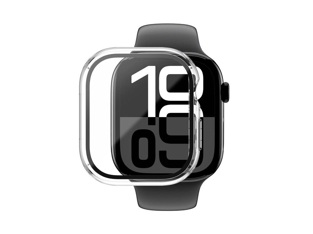 Przezroczyste etui AmazingThing Radix Glass założone na Apple Watch z czarnym paskiem, ujęcie frontalne z widocznym ekranem z cyframi na białym tle.