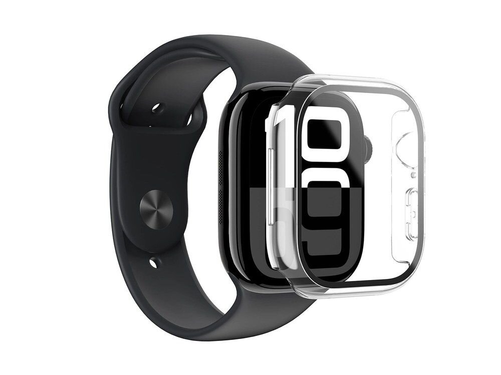 Czarny Apple Watch z ciemnym paskiem silikonowym obok przezroczystego etui AmazingThing Radix Glass, ujęcie z boku pokazujące oba elementy osobno na białym tle.