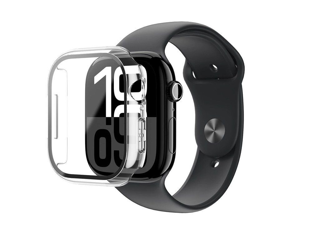 Apple Watch z czarnym paskiem i założonym przezroczystym etui AmazingThing Radix Glass, widok z boku z widocznymi przyciskami i koroną na białym tle.