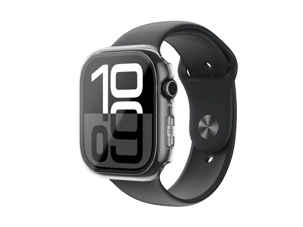 Apple Watch z czarnym paskiem i założonym przezroczystym etui AmazingThing Radix Glass, ujęcie trójćwierćowe z widocznymi bocznymi przyciskami i koroną na białym tle.