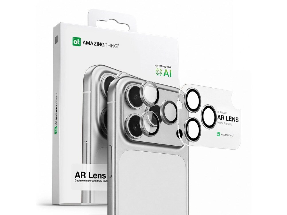 Opakowanie AmazingThing AR Lens z napisem 95% transmittance oraz wyjęta przezroczysta nakładka na obiektywy na białym tle.