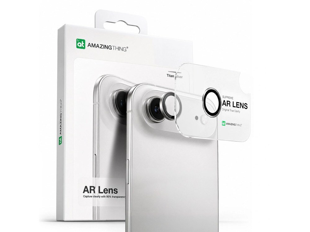 Szkło ochronne AmazingThing AR Lens na aparat iPhone 17 Air w kolorze srebrnym, packshot z pudełkiem i folią ochronną na białym tle.