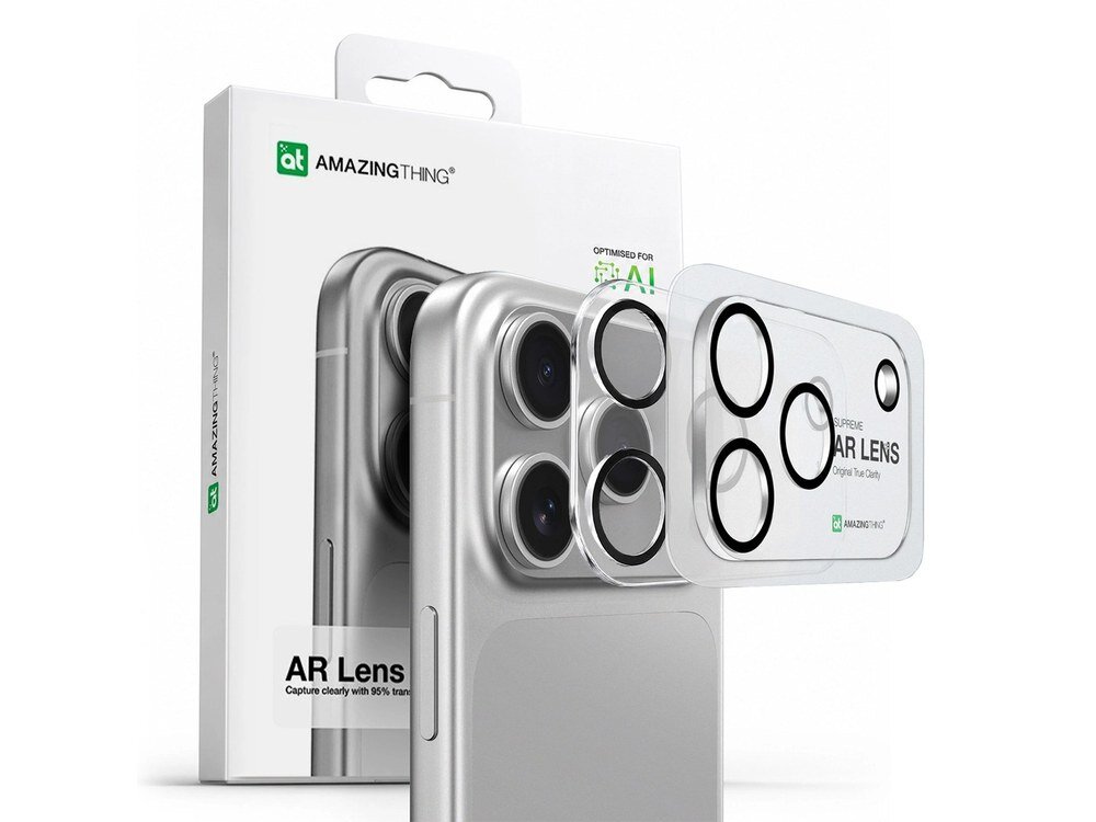Pudełko AmazingThing AR Lens obok szkła ochronnego na aparat na białym tle, widoczny napis Supreme AR Lens.
