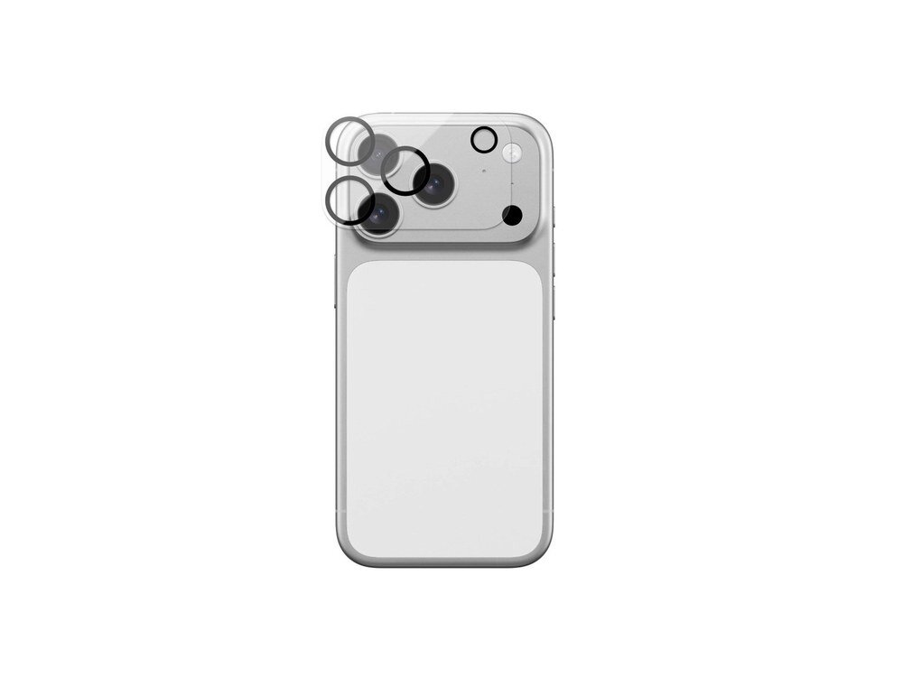 Tylna część iPhone'a w kolorze srebrnym z założonym szkłem ochronnym AmazingThing na moduł aparatu, widok z tyłu na białym tle.