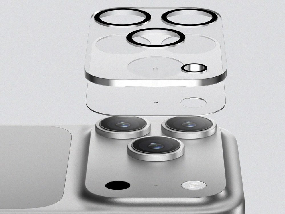 Grafika warstwowa szkła AmazingThing AR Lens z rozłożonymi warstwami ochronnymi nad modułem aparatu iPhone'a, szare tło.