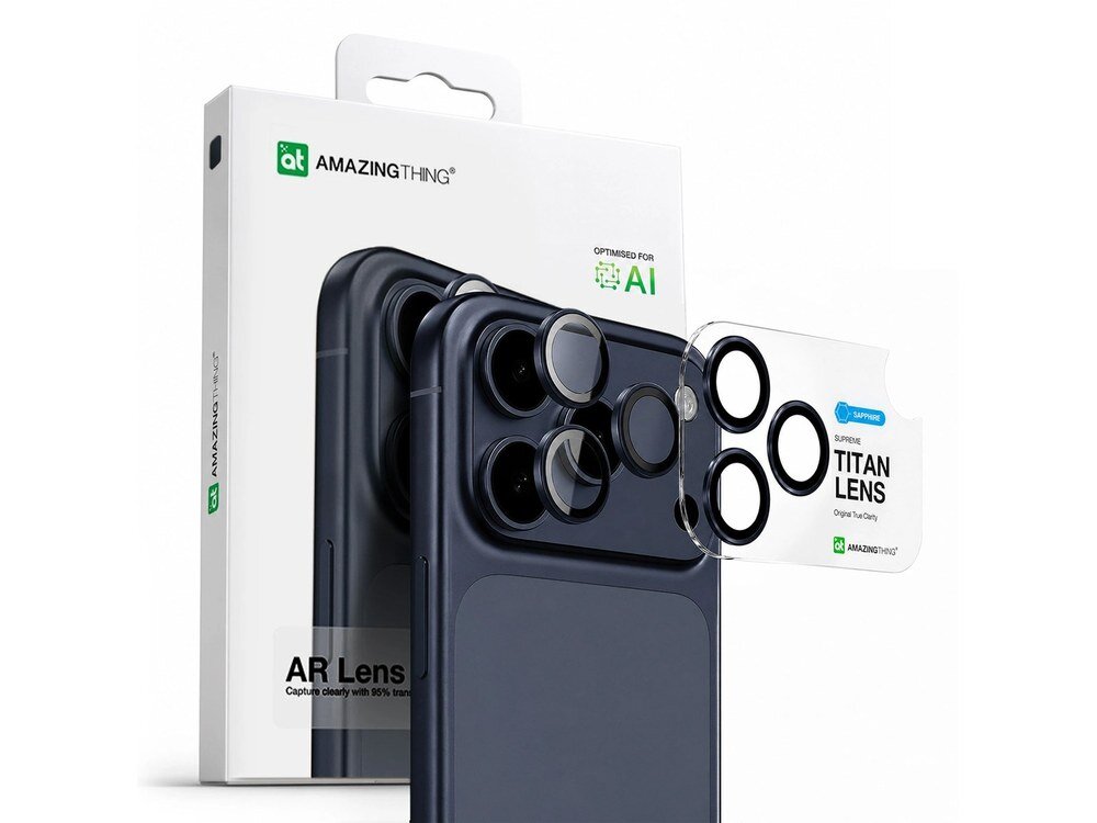 Opakowanie i szkło ochronne AmazingThing Supreme Titan Lens Sapphire z niebieską ramką na tle grafiki iPhone 17 Pro w kolorze czarnym.