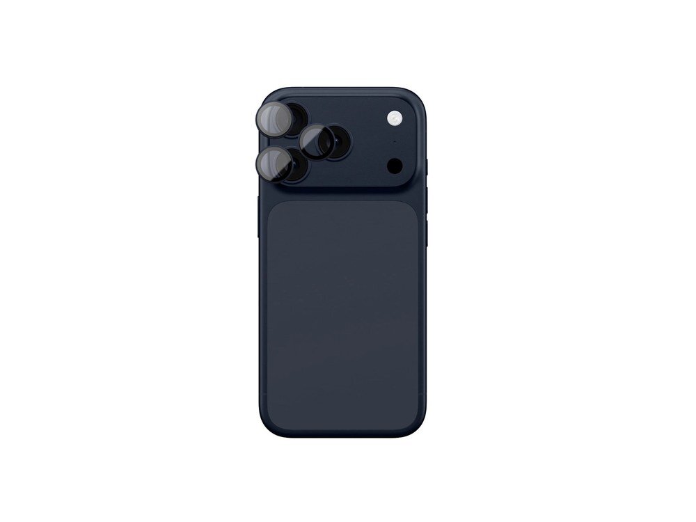 Tył granatowego iPhone 17 Pro z założonym szkłem AmazingThing Sapphire z niebieską ramką, widok od góry na białym tle.