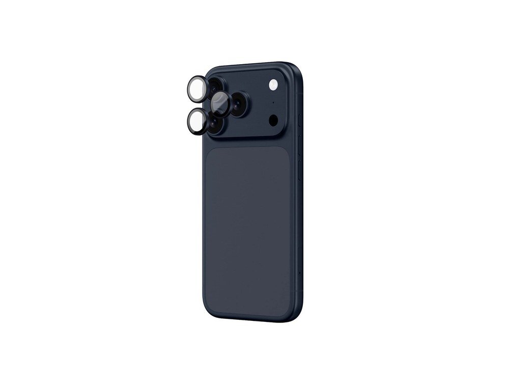 Granatowy iPhone 17 Pro z założonym szkłem AmazingThing Sapphire, ujęcie z boku eksponujące dwie soczewki z niebieską ramką ochronną.
