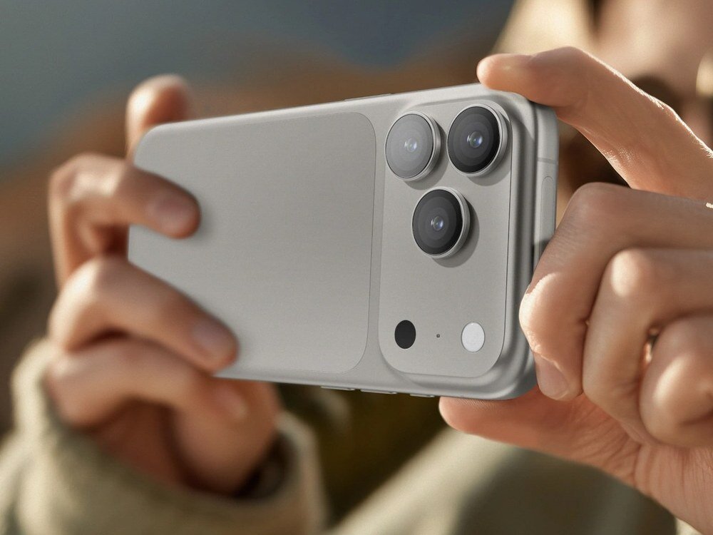 Srebrny iPhone z potrójnym aparatem trzymany poziomo przez osobę fotografującą, zbliżenie na moduł kamer od tyłu.