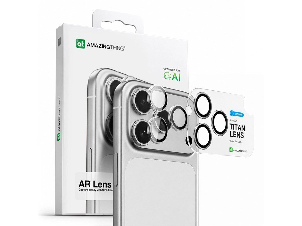 Opakowanie AmazingThing AR Lens z widoczną nakładką Supreme Titan Lens na białym tle, oznaczenie Sapphire i 95% transmisji światła.