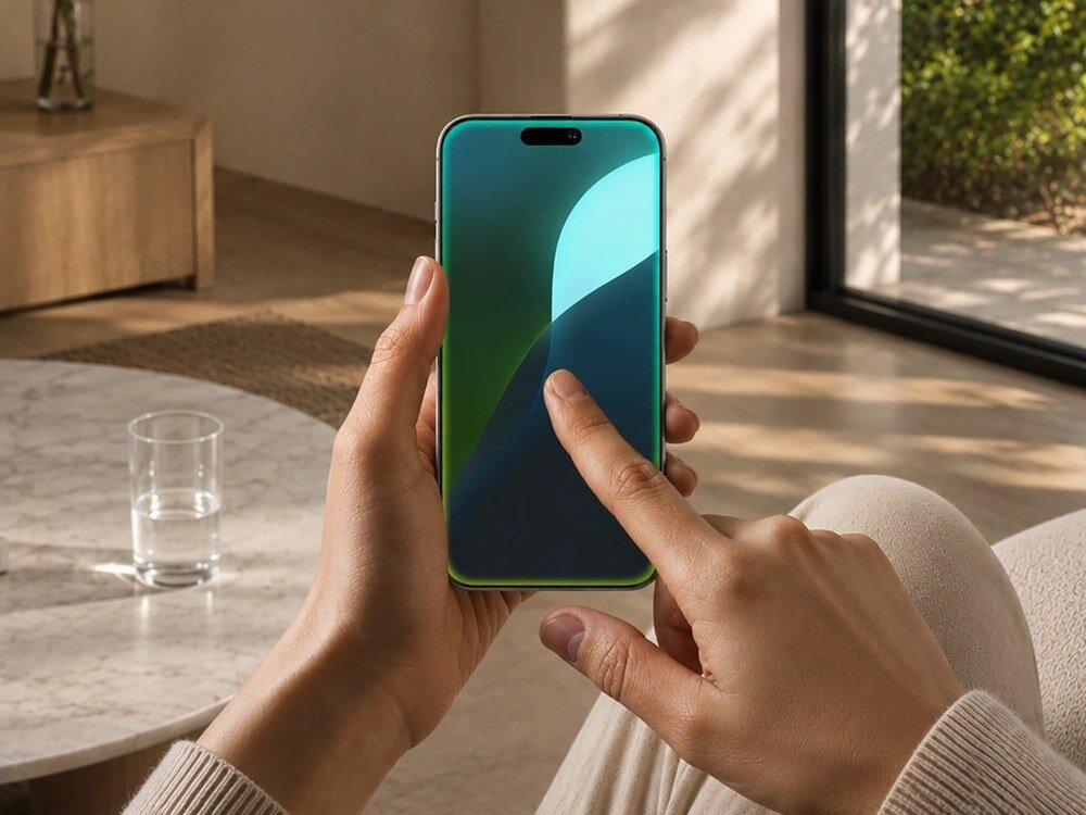 Dwie dłonie trzymające iPhone'a z zielono-turkusową tapetą, widok frontu urządzenia z Dynamic Island, jasne wnętrze w tle.