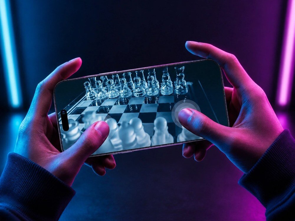 Dwie dłonie trzymające smartfon poziomo wyświetlający grę szachową na ekranie, niebieskie i fioletowe oświetlenie neonowe w tle.
