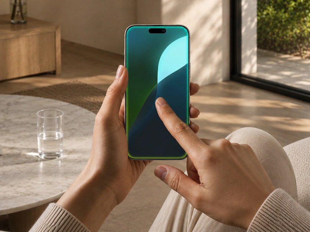 Dłonie trzymające smartfon z matowym szkłem ochronnym, ekran wyświetla zielono-niebieską tapetę, jasne wnętrze.