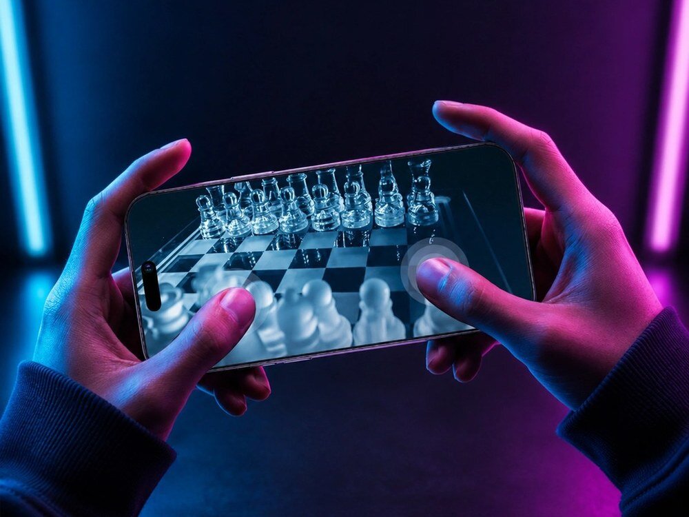 Smartfon trzymany poziomo obiema dłońmi, wyświetlający szachownicę na ekranie, neonowe oświetlenie w tle.