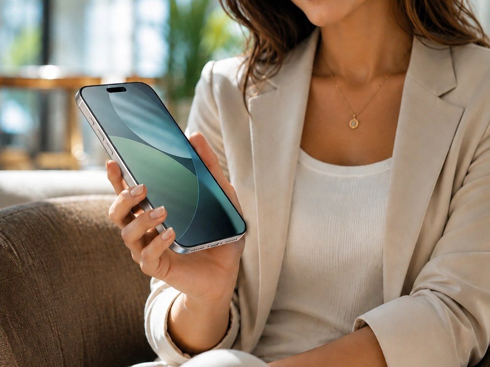 Kobieta w beżowej marynarce trzymająca smartfon z zamontowanym matowym szkłem ochronnym, widok z boku w jasnym wnętrzu.