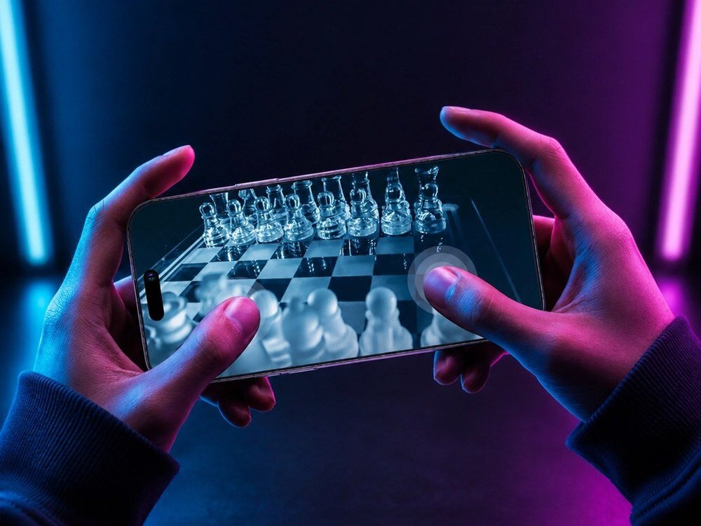 Ręce trzymające smartfon poziomo z wyświetloną grą szachową na ekranie, niebieskie i fioletowe oświetlenie neonowe w tle.