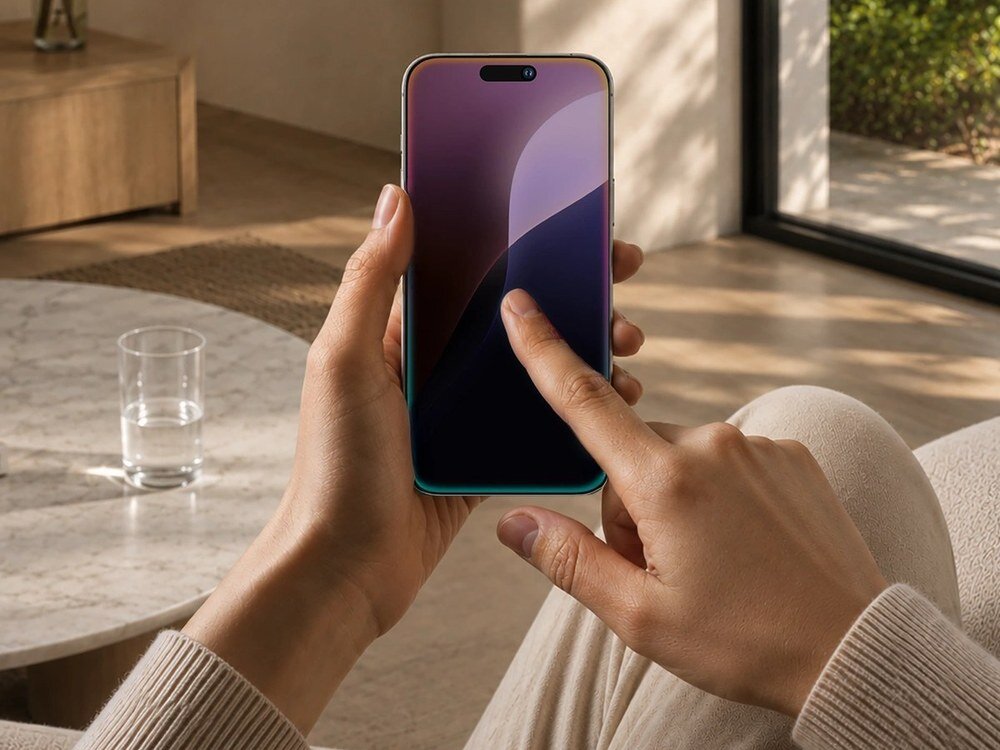 Dłonie obsługujące iPhone'a z fioletową tapetą i widoczną wyspą aparatu Dynamic Island, ujęcie z góry w jasnym salonie.