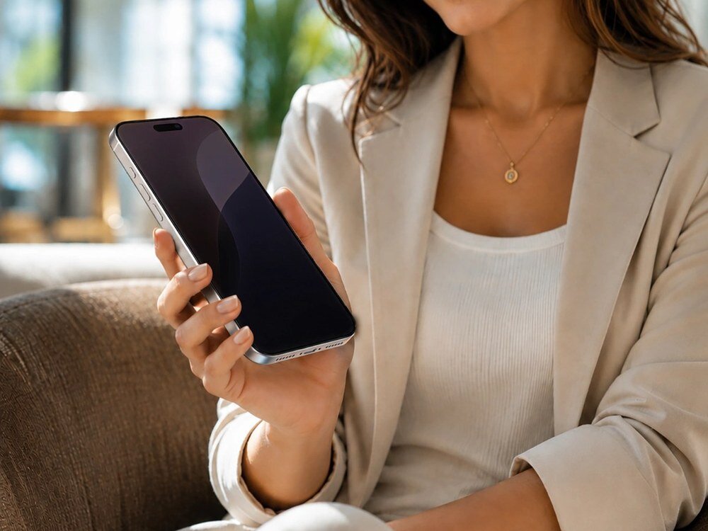 Kobieta w beżowej marynarce trzymająca smartfon z ciemnym ekranem w salonie, widok z boku.