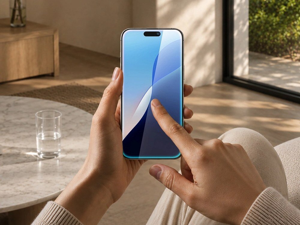 Srebrny smartfon trzymany oburącz, ekran z niebiesko-białą tapetą, palec dotyka wyświetlacza, jasny salon w tle.